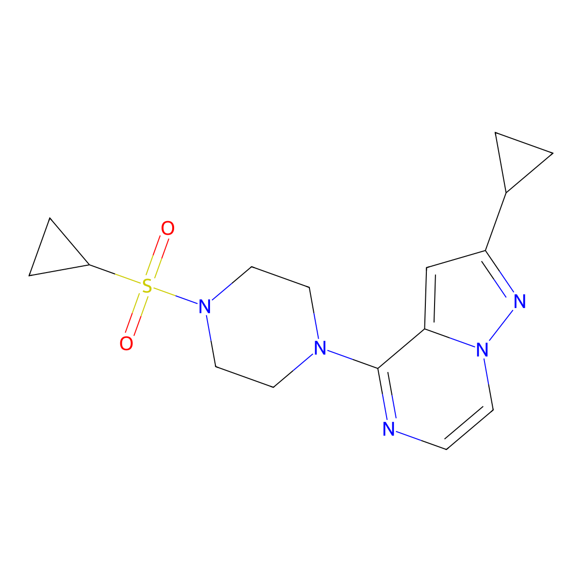 1-(Cyclopropanesulfonyl)-4-{2-cyclopropylpyrazolo[1,5-a]pyrazin-4-yl}piperazine molecular structure, CAS 2415524-03-5