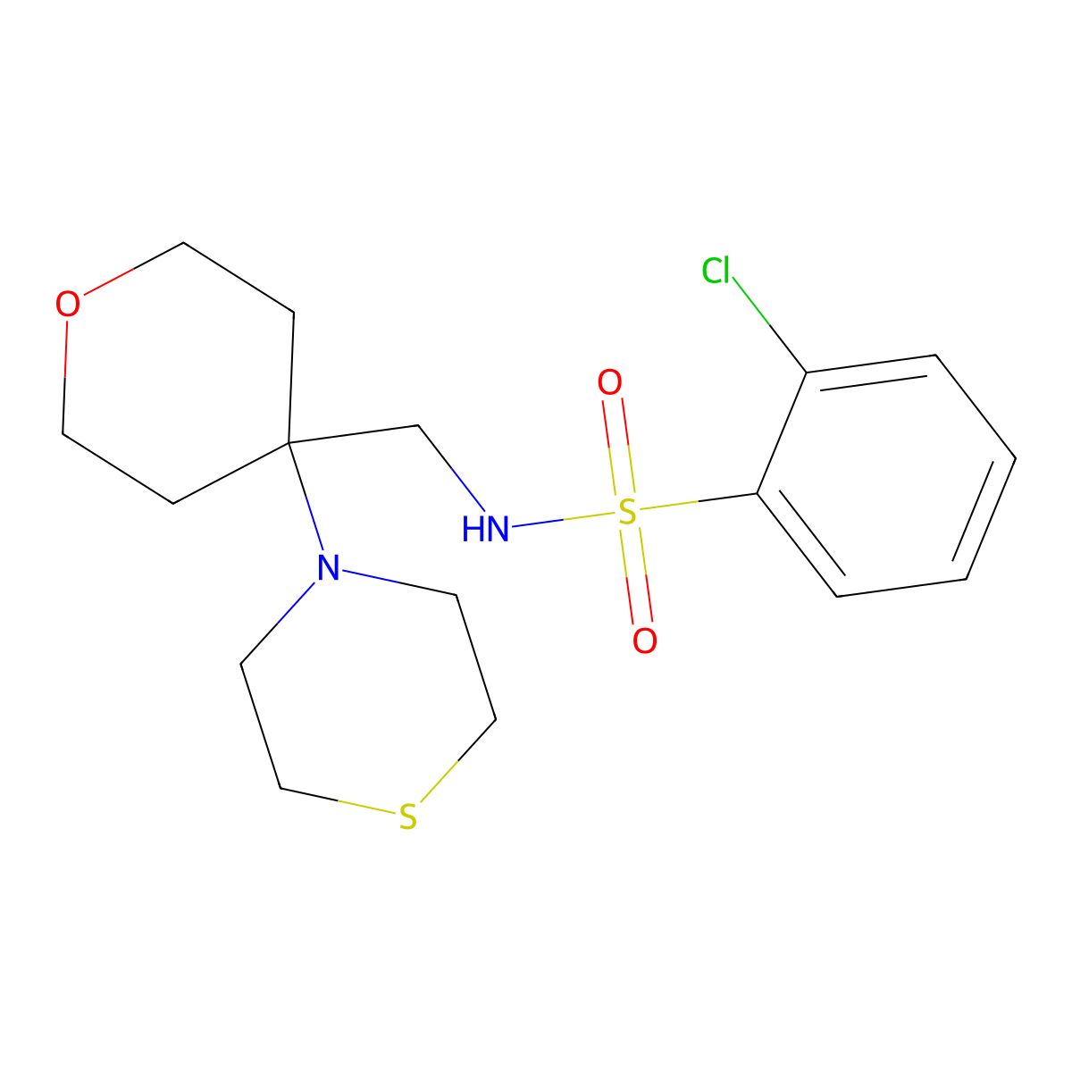 2-chloro-N-{[4-(thiomorpholin-4-yl)oxan-4-yl]methyl}benzene-1-sulfonamide molecular structure, CAS 2415524-04-6