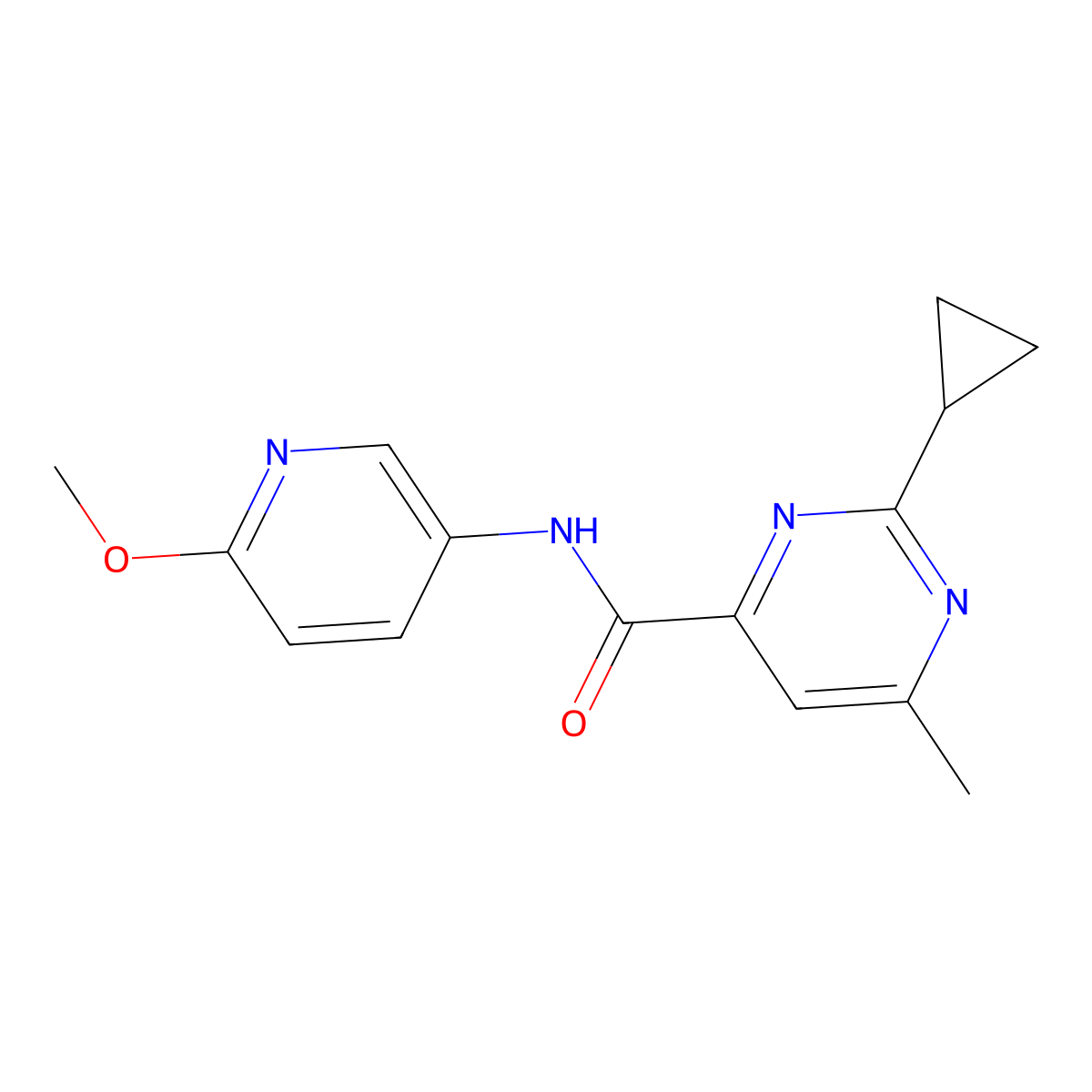 2-Cyclopropyl-N-(6-methoxypyridin-3-yl)-6-methylpyrimidine-4-carboxamide molecular structure, CAS 2415524-05-7