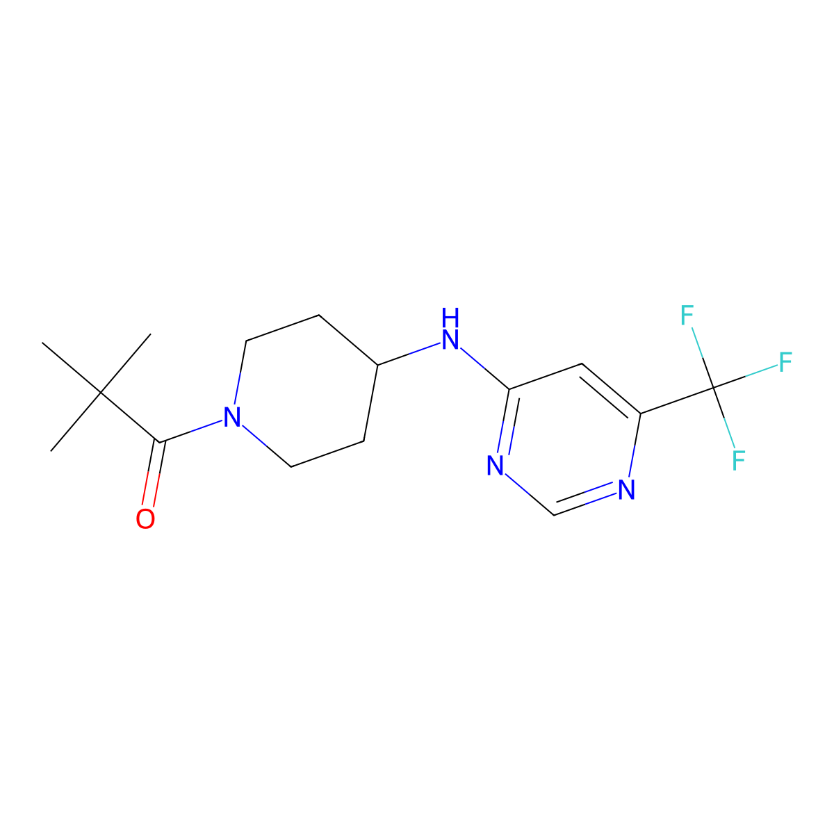 2,2-Dimethyl-1-(4-{[6-(trifluoromethyl)pyrimidin-4-yl]amino}piperidin-1-yl)propan-1-one molecular structure, CAS 2415524-08-0