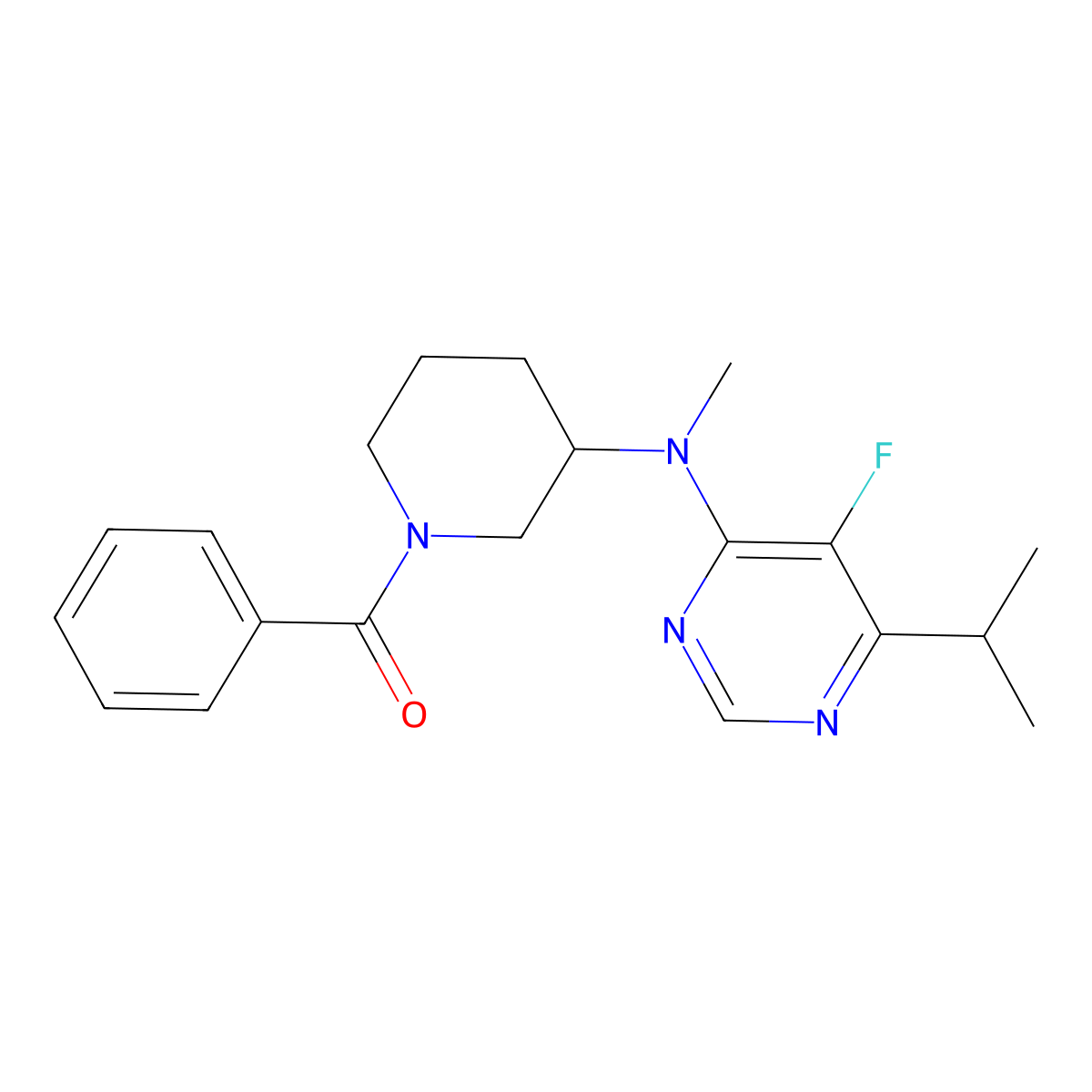 N-(1-benzoylpiperidin-3-yl)-5-fluoro-N-methyl-6-(propan-2-yl)pyrimidin-4-amine molecular structure, CAS 2415524-10-4