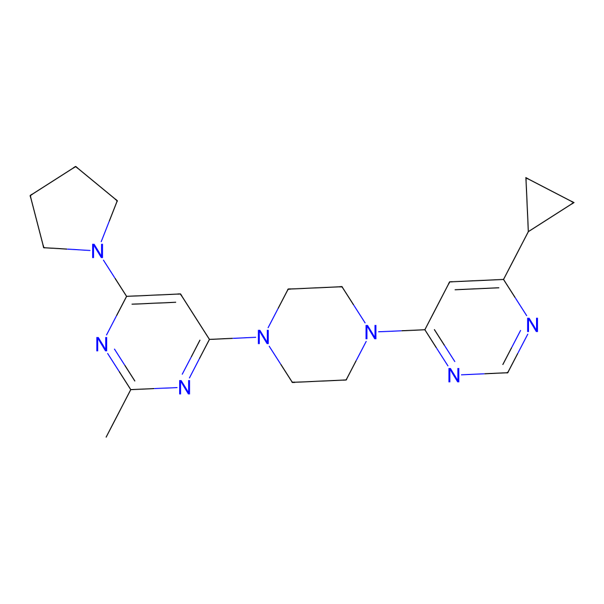4-[4-(6-Cyclopropylpyrimidin-4-yl)piperazin-1-yl]-2-methyl-6-(pyrrolidin-1-yl)pyrimidine molecular structure, CAS 2415524-24-0