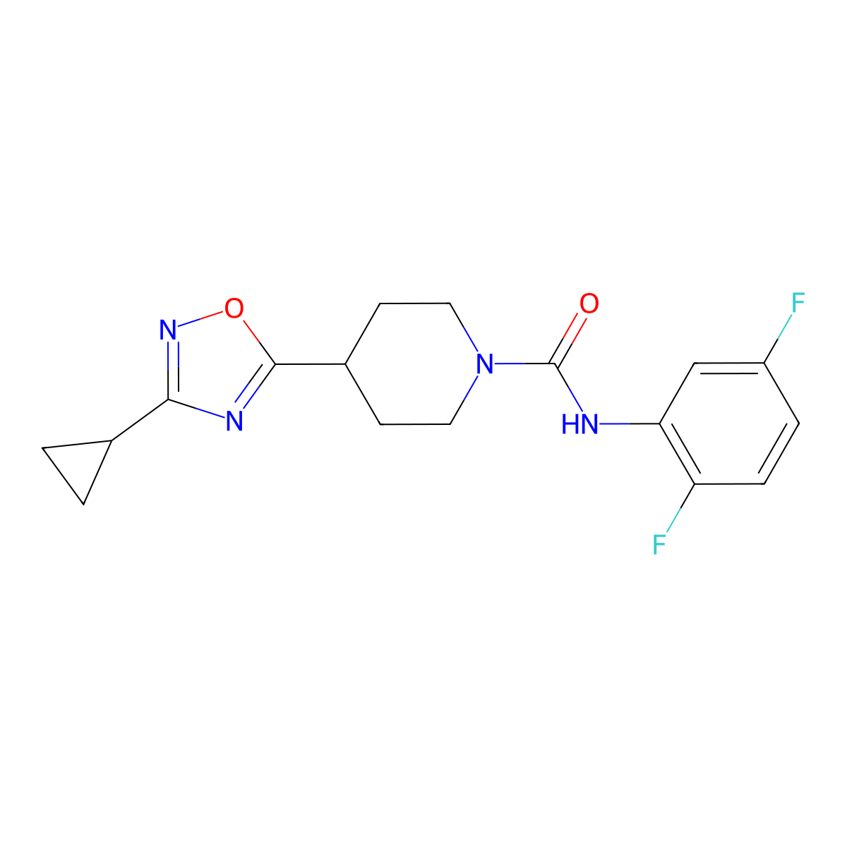 4-(3-cyclopropyl-1,2,4-oxadiazol-5-yl)-N-(2,5-difluorophenyl)piperidine-1-carboxamide molecular structure, CAS 2415524-25-1