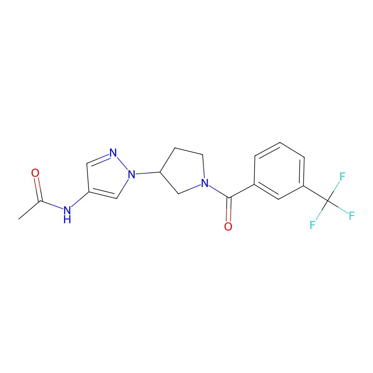 N-(1-{1-[3-(trifluoromethyl)benzoyl]pyrrolidin-3-yl}-1H-pyrazol-4-yl)acetamide molecular structure, CAS 2415524-30-8
