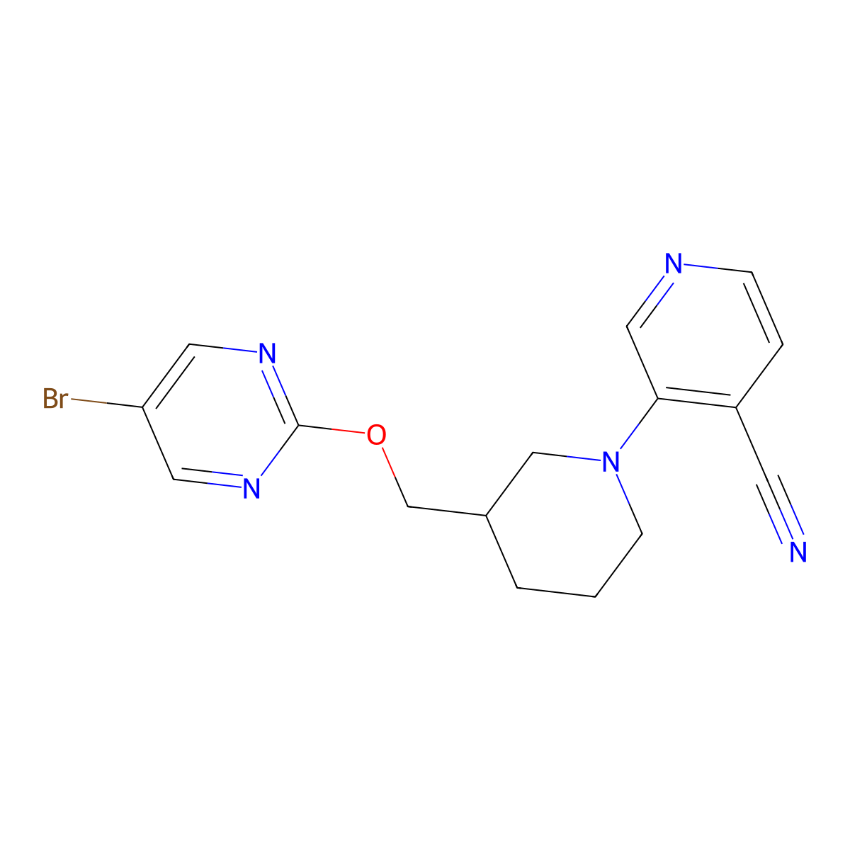 3-(3-{[(5-Bromopyrimidin-2-yl)oxy]methyl}piperidin-1-yl)pyridine-4-carbonitrile molecular structure, CAS 2415524-41-1