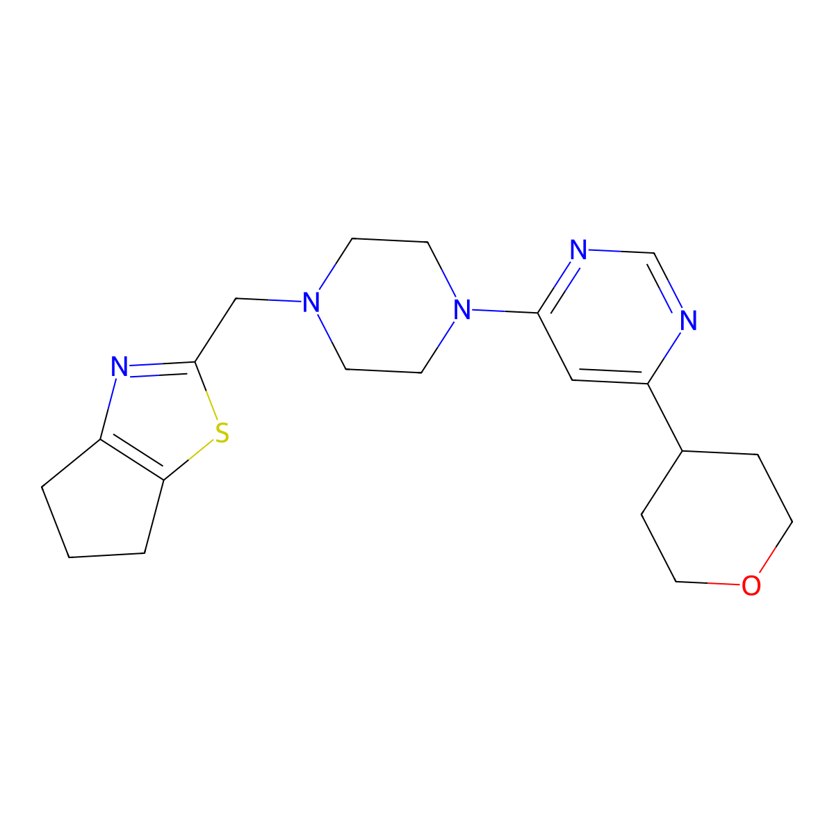 4-[4-({4H,5H,6H-cyclopenta[d][1,3]thiazol-2-yl}methyl)piperazin-1-yl]-6-(oxan-4-yl)pyrimidine molecular structure, CAS 2415524-62-6