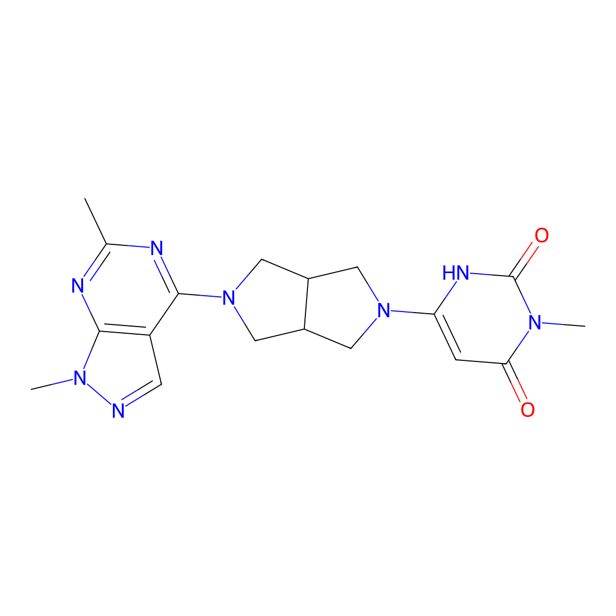 6-(5-{1,6-dimethyl-1H-pyrazolo[3,4-d]pyrimidin-4-yl}-octahydropyrrolo[3,4-c]pyrrol-2-yl)-3-methyl-1,2,3,4-tetrahydropyrimidine-2,4-dione molecular structure, CAS 2415524-68-2