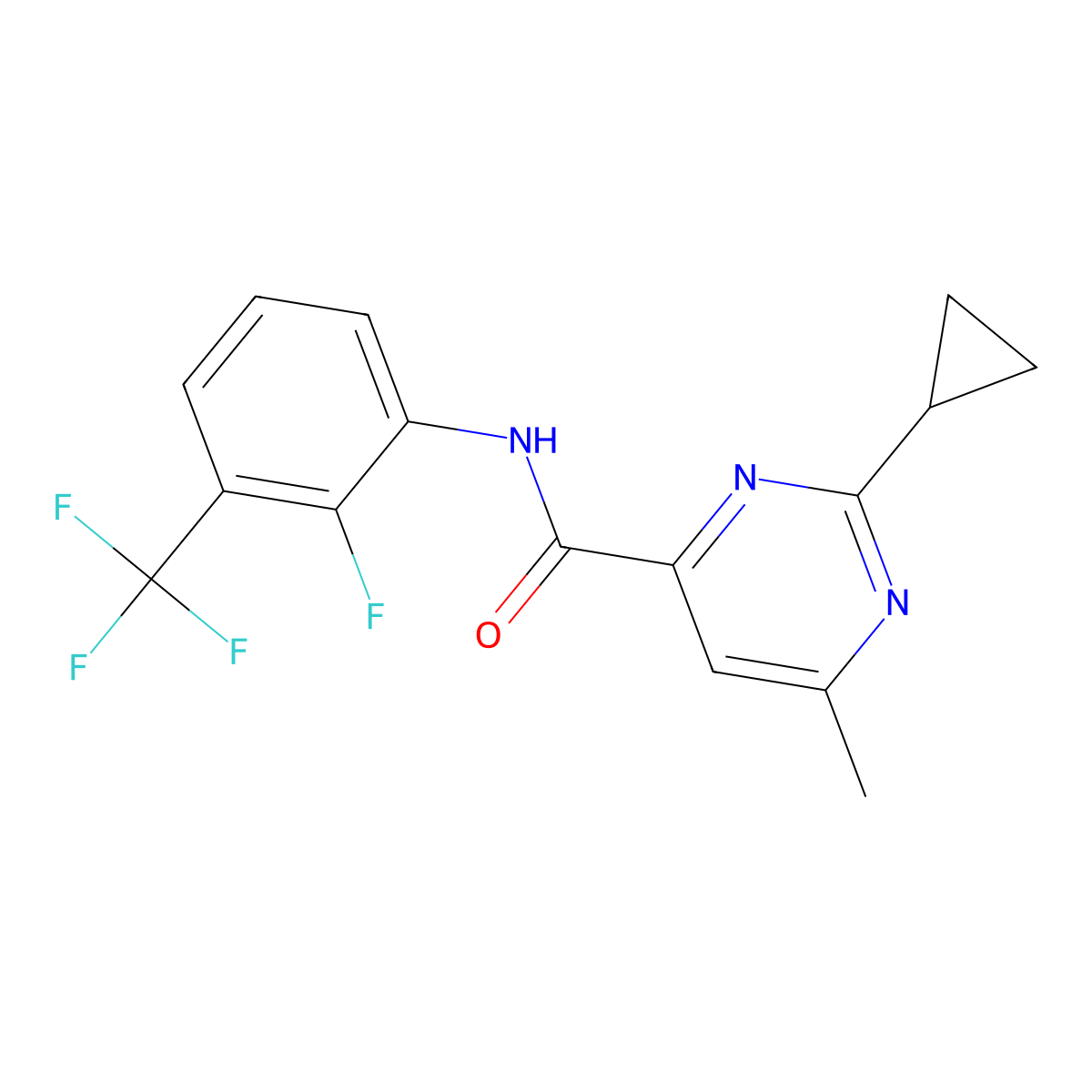 2-Cyclopropyl-N-[2-fluoro-3-(trifluoromethyl)phenyl]-6-methylpyrimidine-4-carboxamide molecular structure, CAS 2415524-76-2