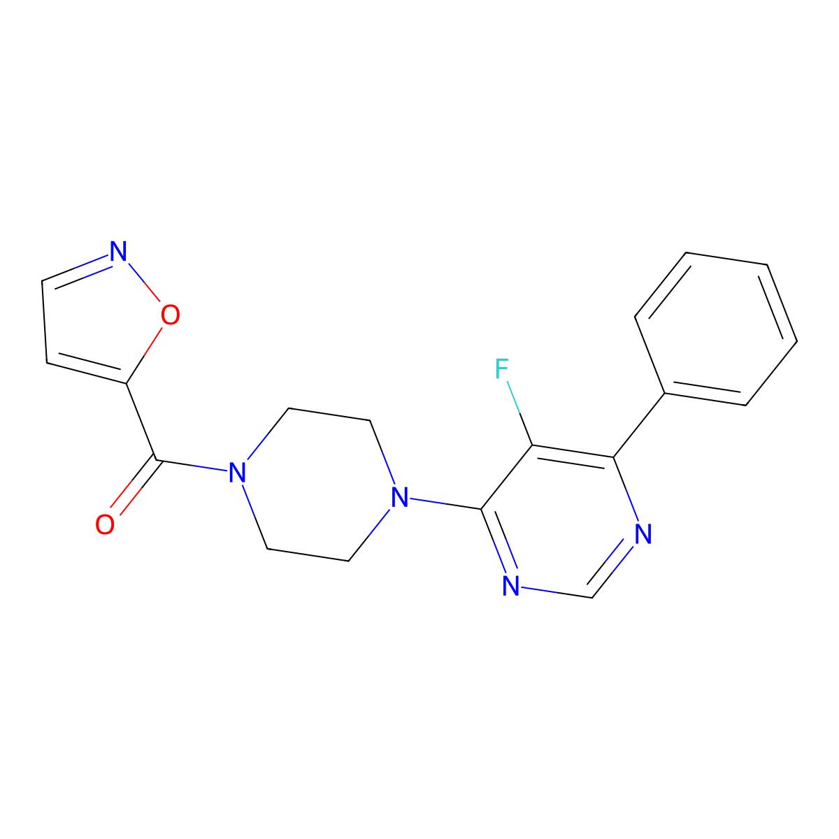 5-Fluoro-4-[4-(1,2-oxazole-5-carbonyl)piperazin-1-yl]-6-phenylpyrimidine molecular structure, CAS 2415524-78-4