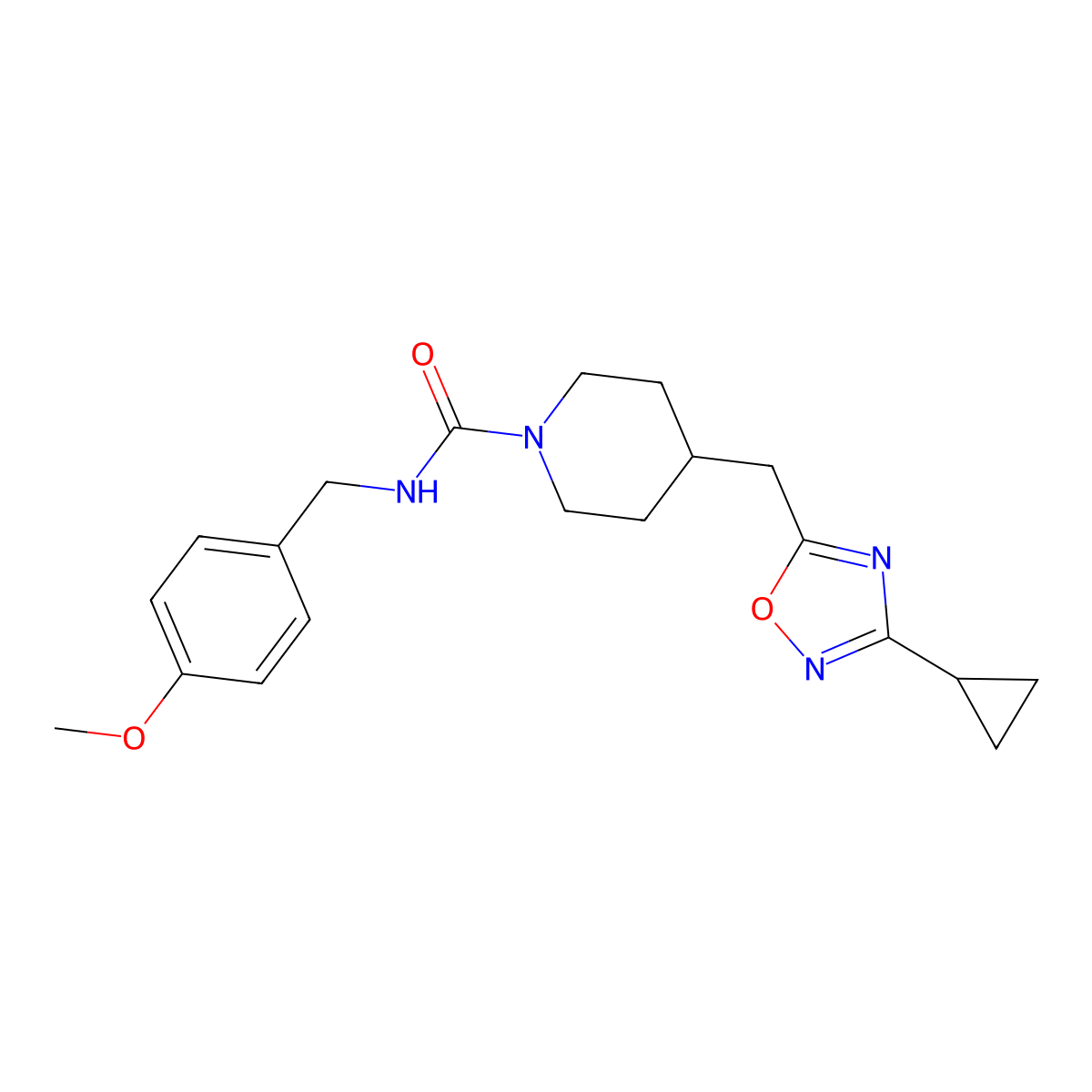 4-[(3-cyclopropyl-1,2,4-oxadiazol-5-yl)methyl]-N-[(4-methoxyphenyl)methyl]piperidine-1-carboxamide molecular structure, CAS 2415524-82-0