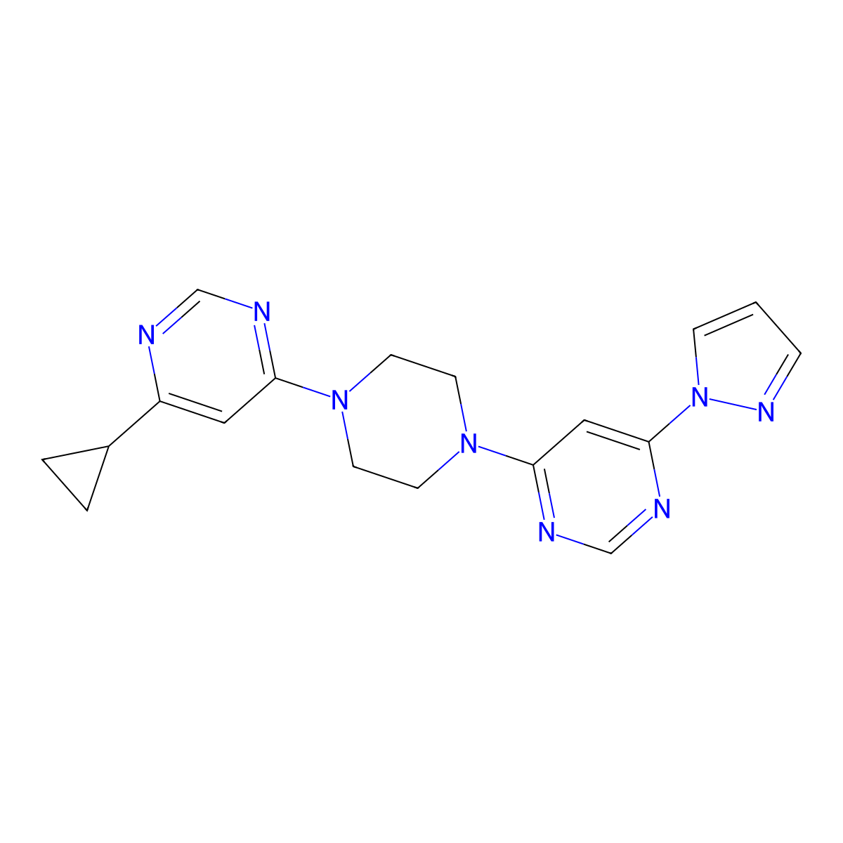 4-[4-(6-cyclopropylpyrimidin-4-yl)piperazin-1-yl]-6-(1H-pyrazol-1-yl)pyrimidine molecular structure, CAS 2415524-85-3