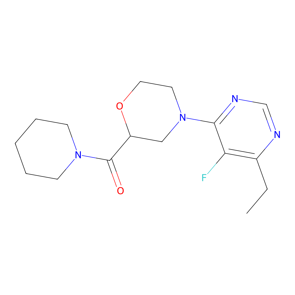 4-(6-Ethyl-5-fluoropyrimidin-4-yl)-2-(piperidine-1-carbonyl)morpholine molecular structure, CAS 2415524-92-2