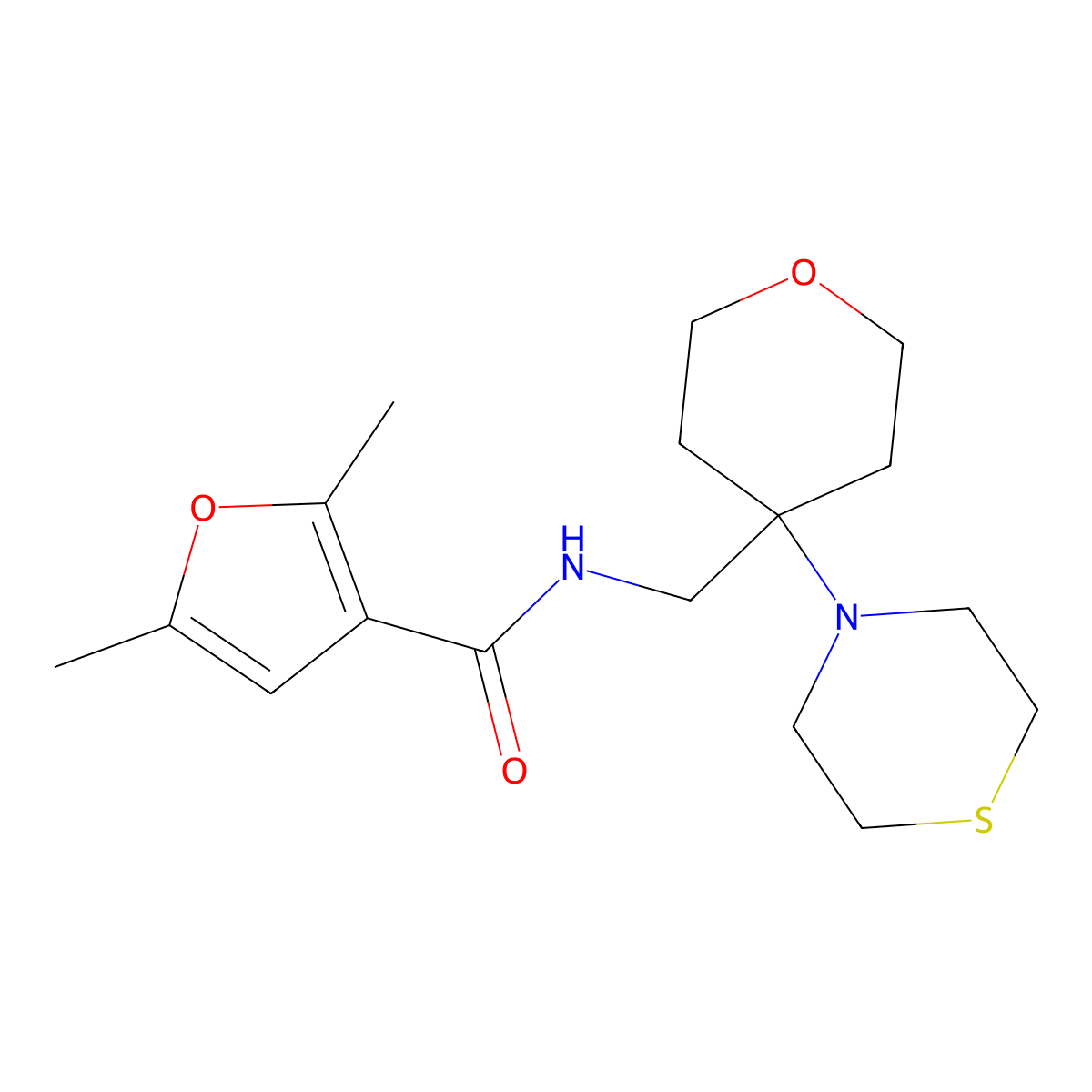 2,5-dimethyl-N-{[4-(thiomorpholin-4-yl)oxan-4-yl]methyl}furan-3-carboxamide molecular structure, CAS 2415524-96-6