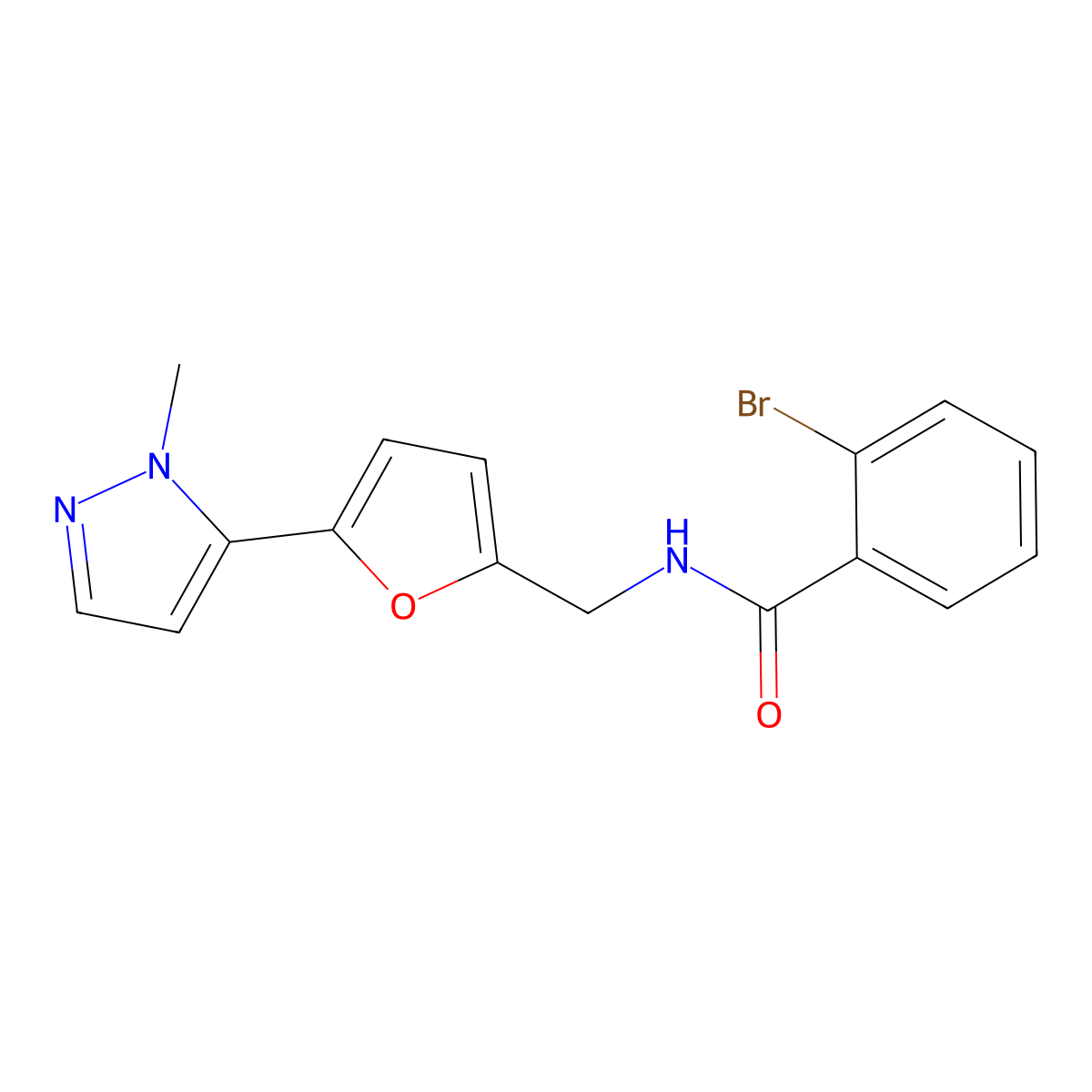 2-bromo-N-{[5-(1-methyl-1H-pyrazol-5-yl)furan-2-yl]methyl}benzamide molecular structure, CAS 2415524-97-7