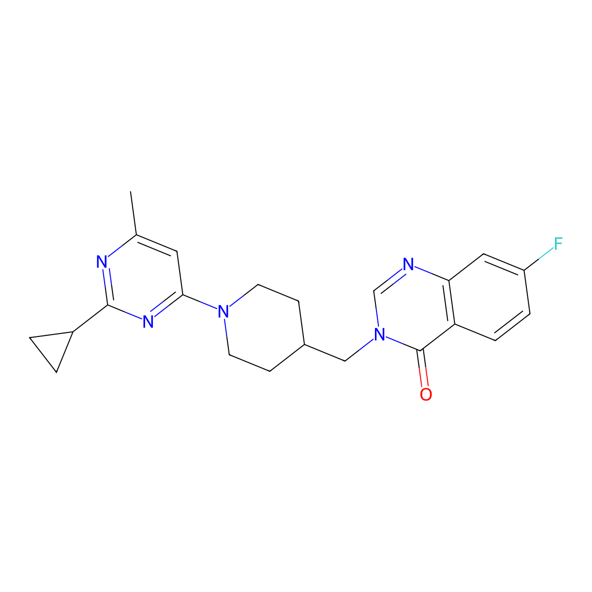 3-{[1-(2-Cyclopropyl-6-methylpyrimidin-4-yl)piperidin-4-yl]methyl}-7-fluoro-3,4-dihydroquinazolin-4-one molecular structure, CAS 2415525-00-5
