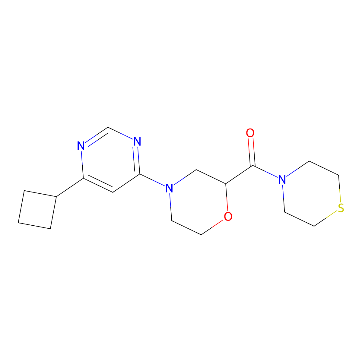 4-(6-Cyclobutylpyrimidin-4-yl)-2-(thiomorpholine-4-carbonyl)morpholine molecular structure, CAS 2415525-03-8