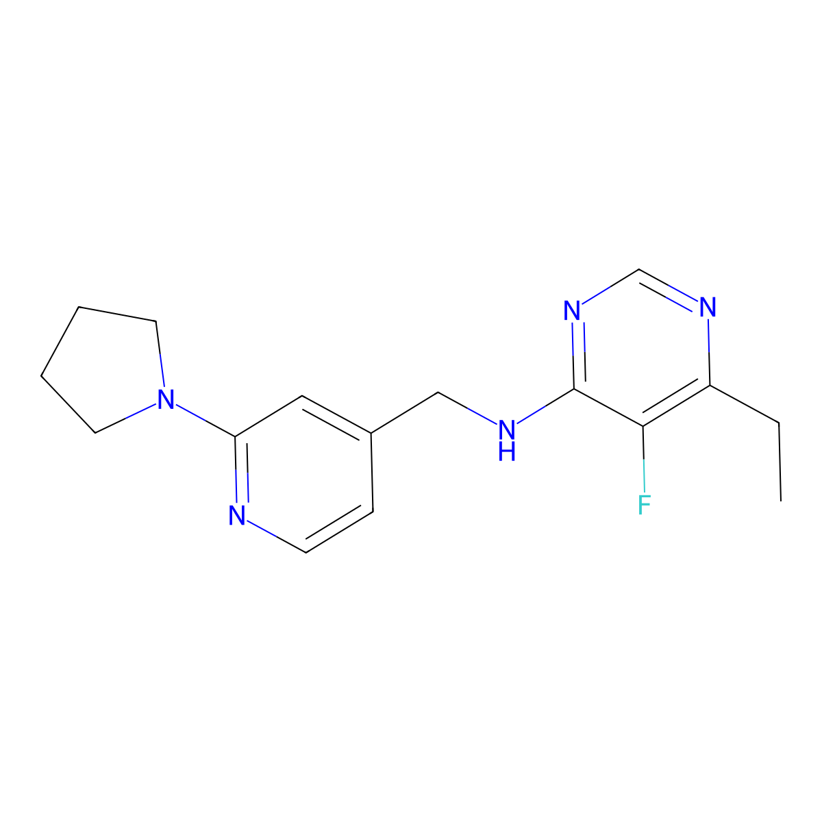 6-ethyl-5-fluoro-N-{[2-(pyrrolidin-1-yl)pyridin-4-yl]methyl}pyrimidin-4-amine molecular structure, CAS 2415525-04-9
