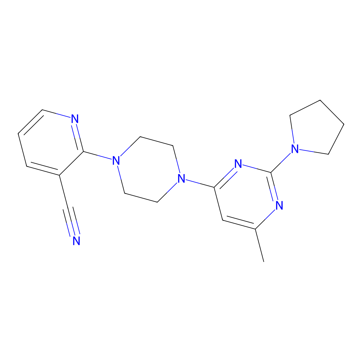 2-{4-[6-Methyl-2-(pyrrolidin-1-yl)pyrimidin-4-yl]piperazin-1-yl}pyridine-3-carbonitrile molecular structure, CAS 2415525-09-4
