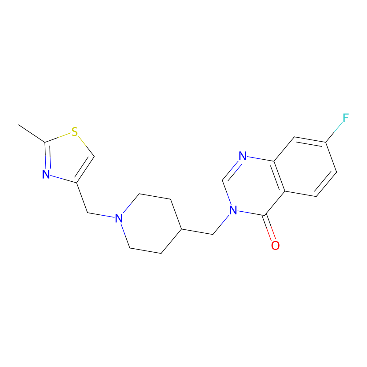 7-Fluoro-3-({1-[(2-methyl-1,3-thiazol-4-yl)methyl]piperidin-4-yl}methyl)-3,4-dihydroquinazolin-4-one molecular structure, CAS 2415525-20-9