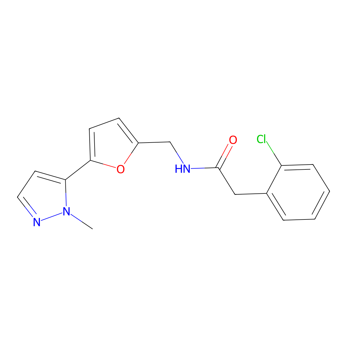 2-(2-chlorophenyl)-N-{[5-(1-methyl-1H-pyrazol-5-yl)furan-2-yl]methyl}acetamide molecular structure, CAS 2415525-25-4