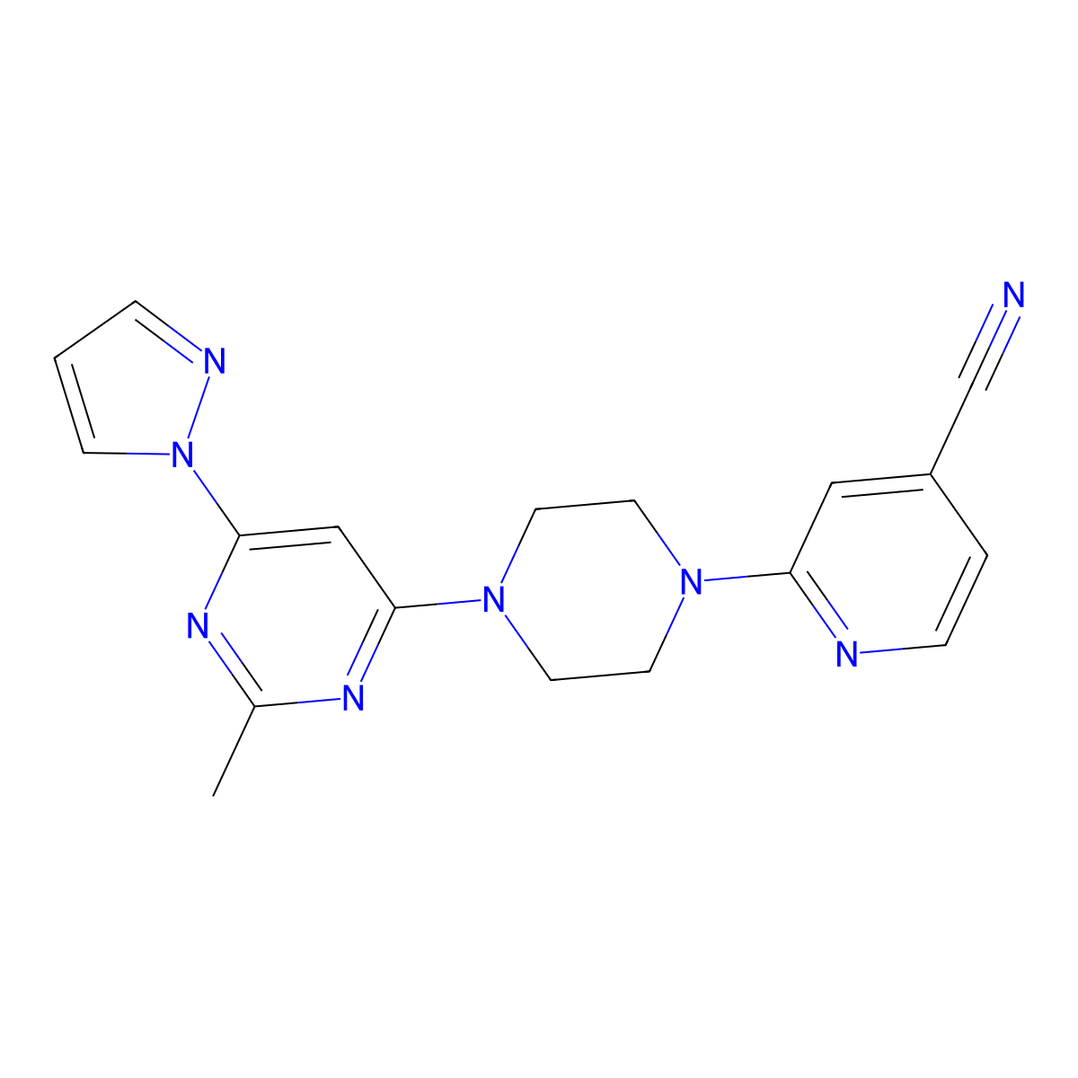 2-{4-[2-methyl-6-(1H-pyrazol-1-yl)pyrimidin-4-yl]piperazin-1-yl}pyridine-4-carbonitrile molecular structure, CAS 2415525-32-3