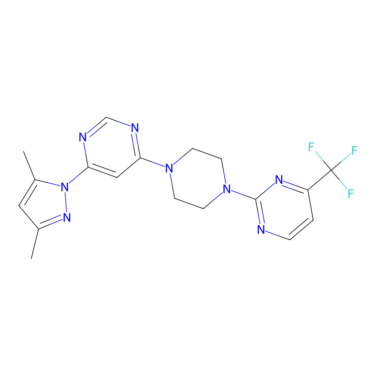 4-(3,5-dimethyl-1H-pyrazol-1-yl)-6-{4-[4-(trifluoromethyl)pyrimidin-2-yl]piperazin-1-yl}pyrimidine molecular structure, CAS 2415525-33-4
