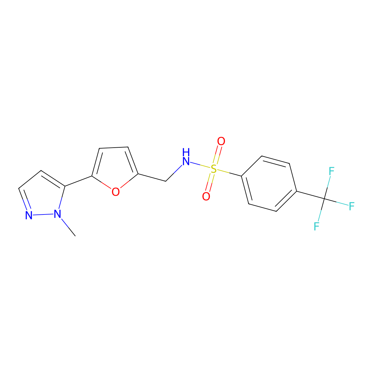N-{[5-(1-methyl-1H-pyrazol-5-yl)furan-2-yl]methyl}-4-(trifluoromethyl)benzene-1-sulfonamide molecular structure, CAS 2415525-49-2