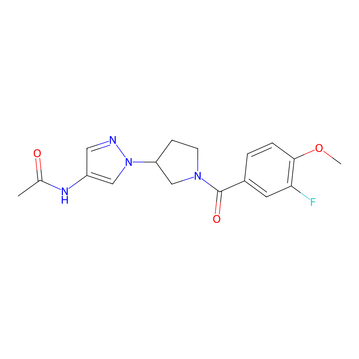 N-{1-[1-(3-fluoro-4-methoxybenzoyl)pyrrolidin-3-yl]-1H-pyrazol-4-yl}acetamide molecular structure, CAS 2415525-50-5