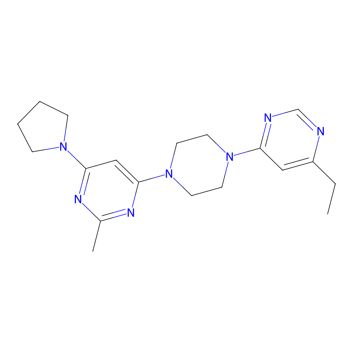 4-[4-(6-Ethylpyrimidin-4-yl)piperazin-1-yl]-2-methyl-6-(pyrrolidin-1-yl)pyrimidine molecular structure, CAS 2415525-58-3