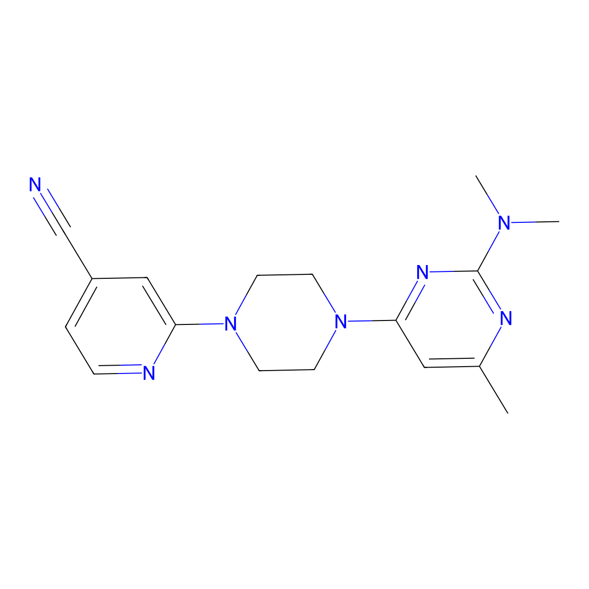 2-{4-[2-(Dimethylamino)-6-methylpyrimidin-4-yl]piperazin-1-yl}pyridine-4-carbonitrile molecular structure, CAS 2415525-71-0