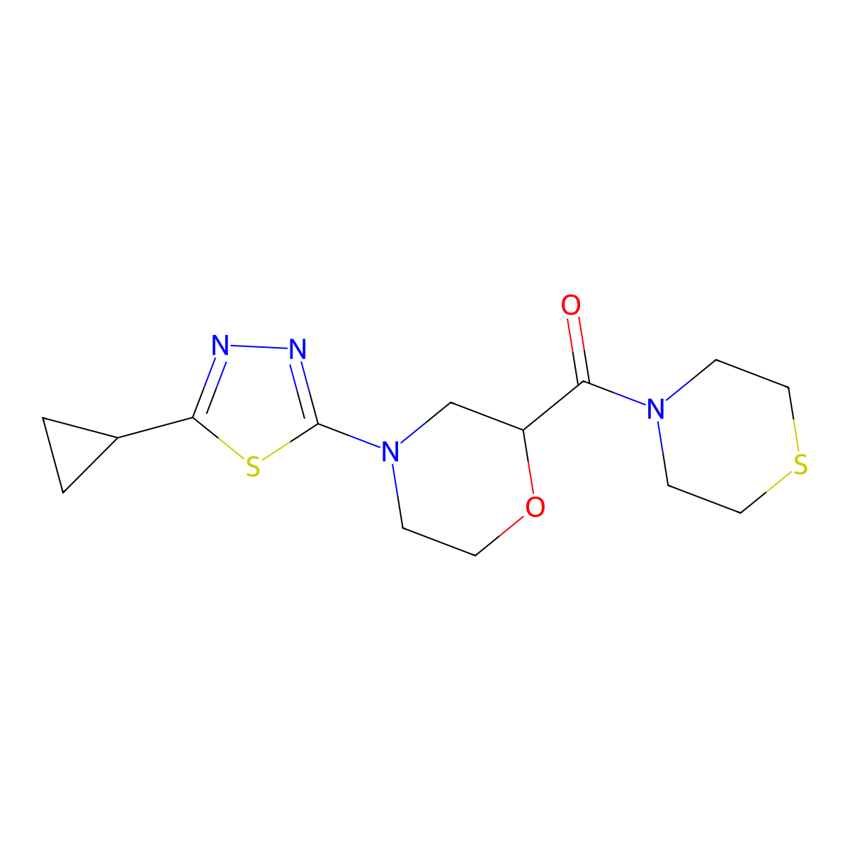 4-(5-Cyclopropyl-1,3,4-thiadiazol-2-yl)-2-(thiomorpholine-4-carbonyl)morpholine molecular structure, CAS 2415525-80-1