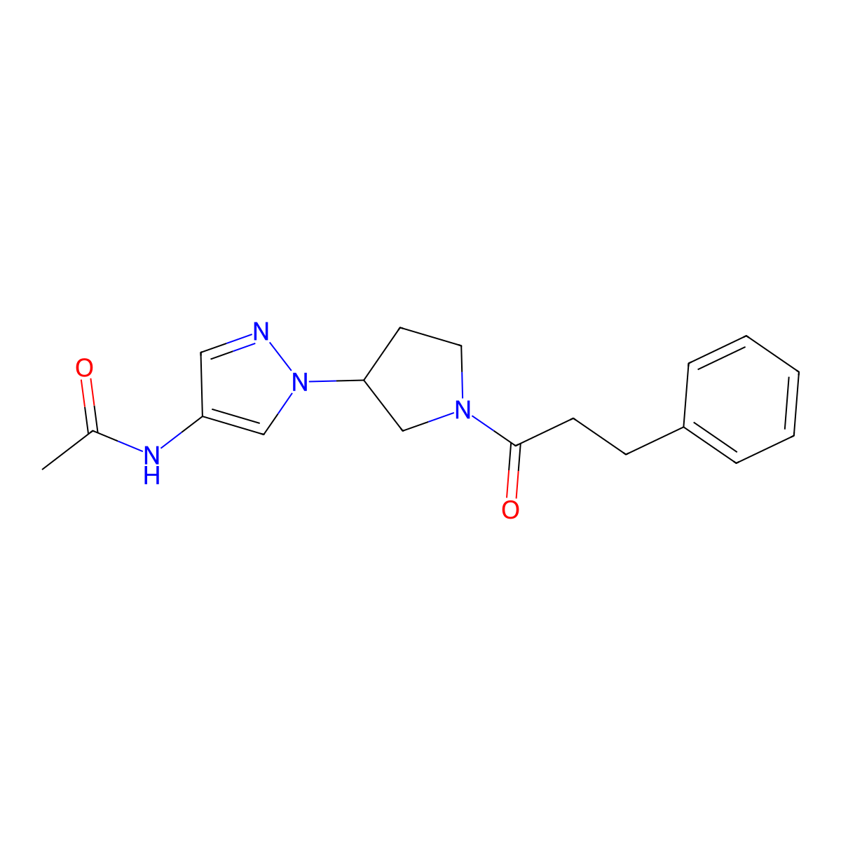 N-{1-[1-(3-phenylpropanoyl)pyrrolidin-3-yl]-1H-pyrazol-4-yl}acetamide molecular structure, CAS 2415525-95-8