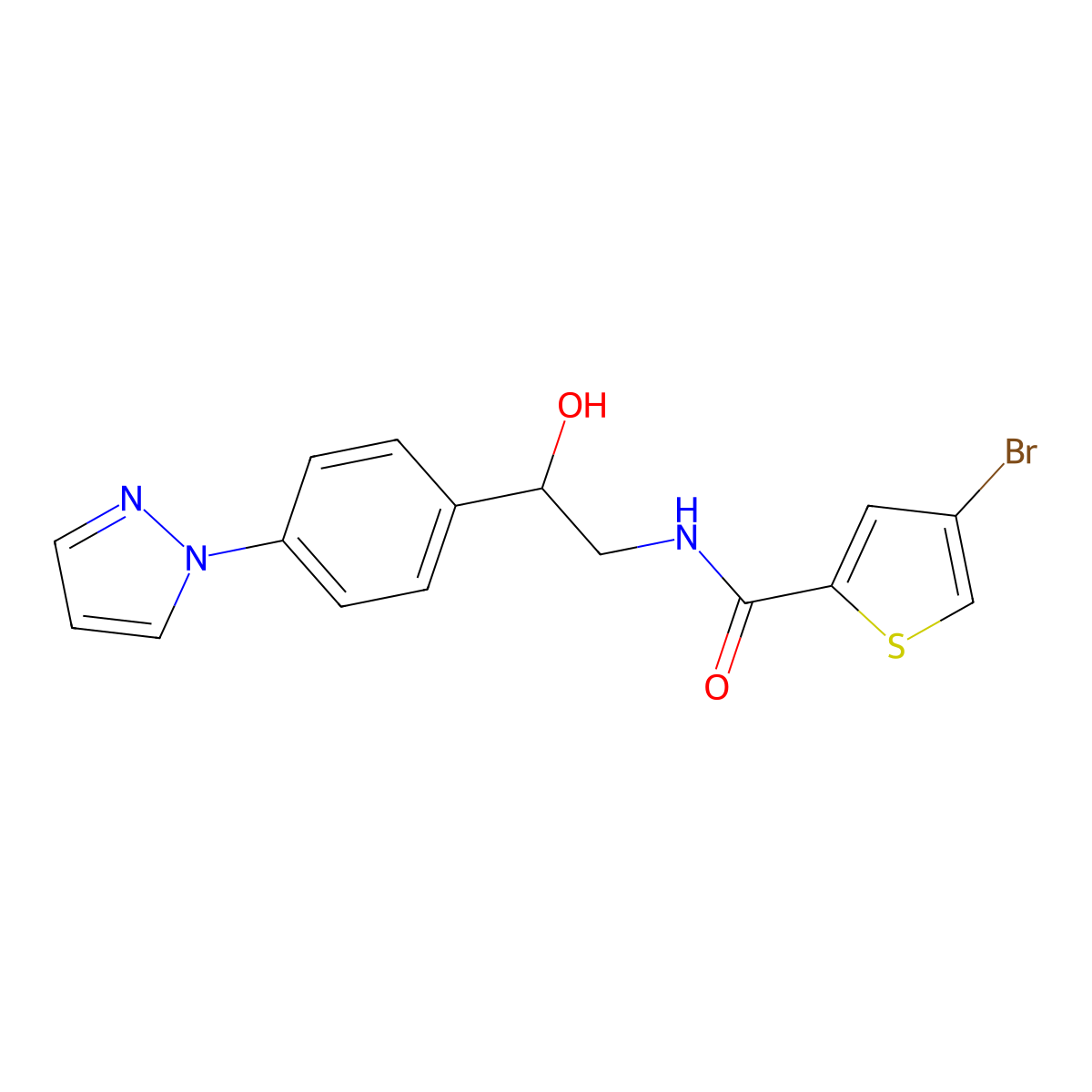4-bromo-N-{2-hydroxy-2-[4-(1H-pyrazol-1-yl)phenyl]ethyl}thiophene-2-carboxamide molecular structure, CAS 2415526-10-0