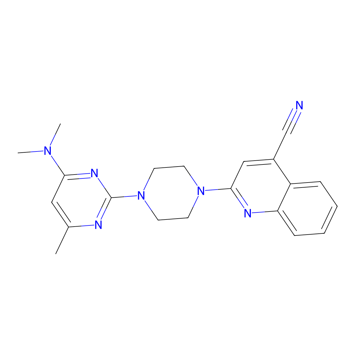 2-{4-[4-(Dimethylamino)-6-methylpyrimidin-2-yl]piperazin-1-yl}quinoline-4-carbonitrile molecular structure, CAS 2415526-12-2