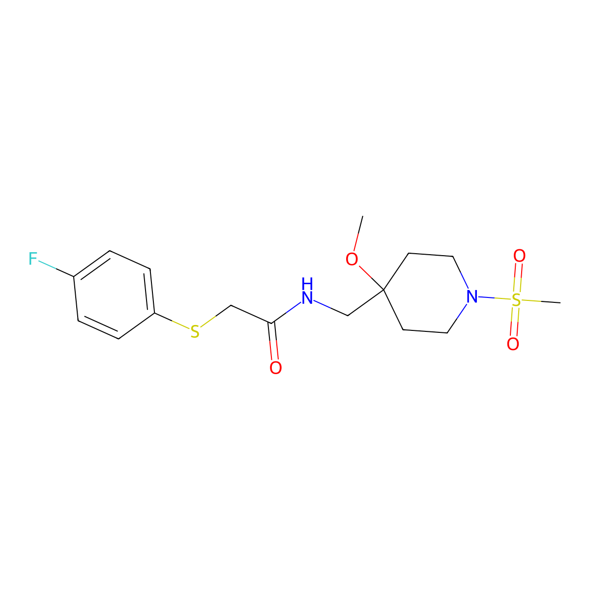 2-(4-Fluorophenyl)sulfanyl-N-[(4-methoxy-1-methylsulfonylpiperidin-4-yl)methyl]acetamide molecular structure, CAS 2415526-18-8