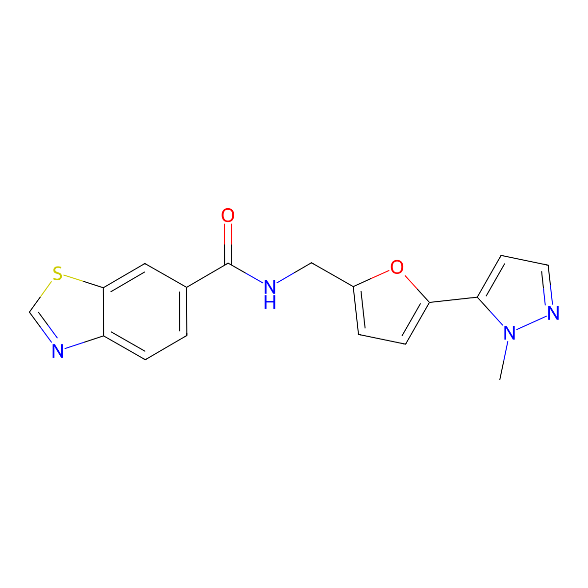 N-{[5-(1-methyl-1H-pyrazol-5-yl)furan-2-yl]methyl}-1,3-benzothiazole-6-carboxamide molecular structure, CAS 2415526-20-2
