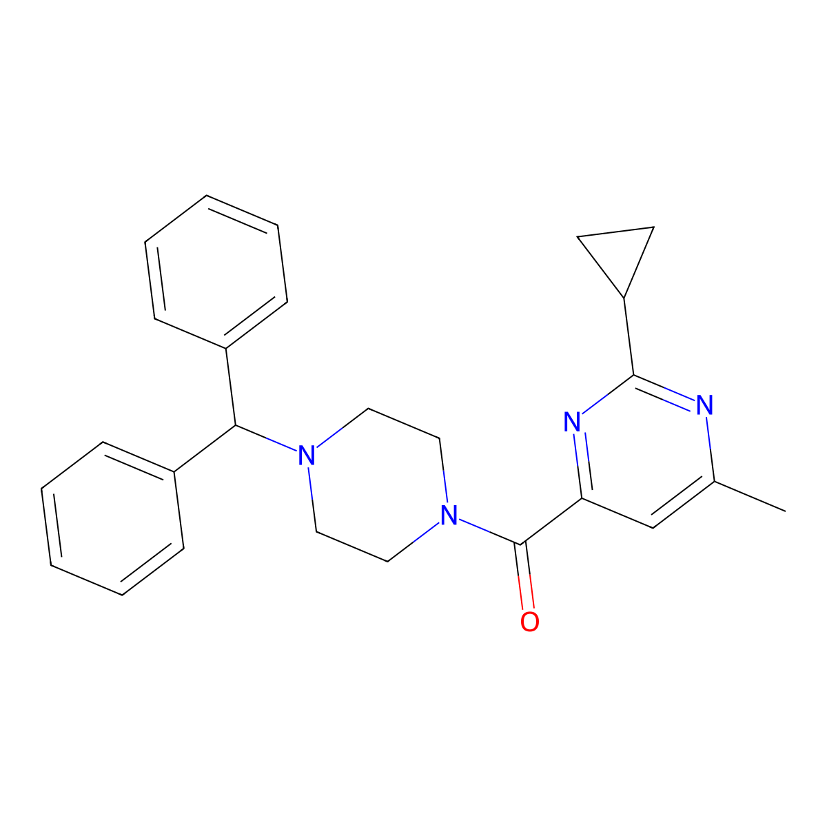 2-Cyclopropyl-4-[4-(diphenylmethyl)piperazine-1-carbonyl]-6-methylpyrimidine molecular structure, CAS 2415526-25-7