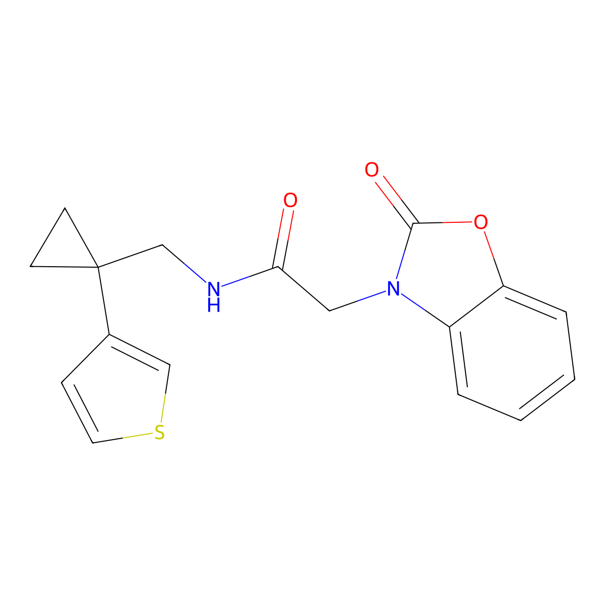 2-(2-oxo-2,3-dihydro-1,3-benzoxazol-3-yl)-N-{[1-(thiophen-3-yl)cyclopropyl]methyl}acetamide molecular structure, CAS 2415526-27-9