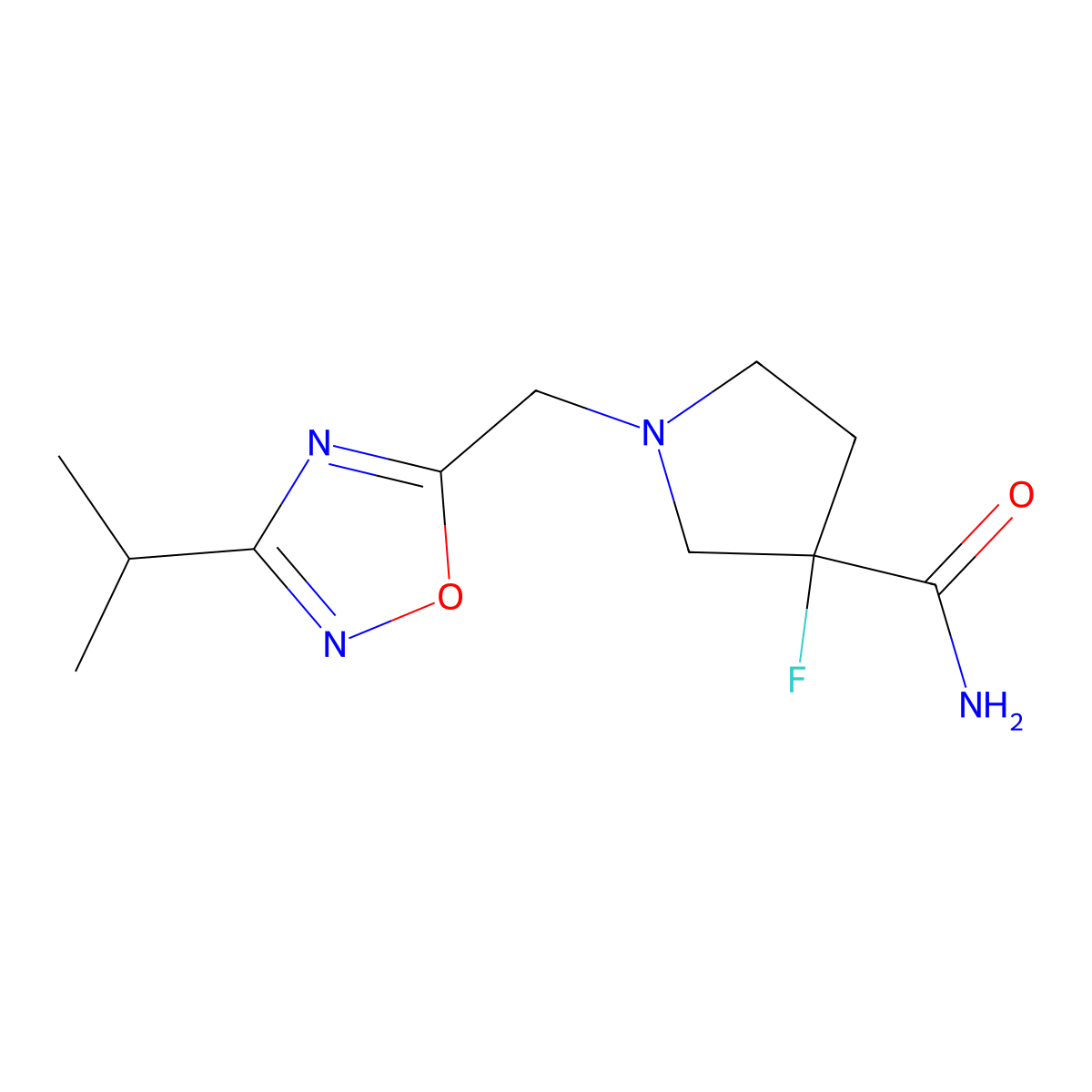 3-Fluoro-1-{[3-(propan-2-yl)-1,2,4-oxadiazol-5-yl]methyl}pyrrolidine-3-carboxamide molecular structure, CAS 2415526-33-7