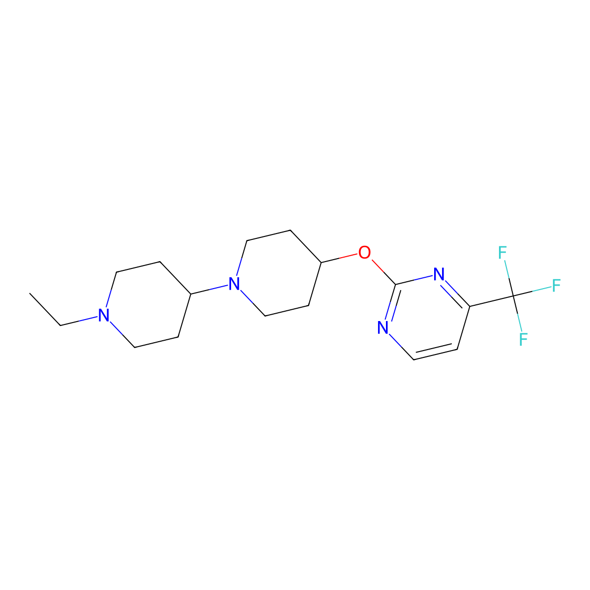 1'-Ethyl-4-{[4-(trifluoromethyl)pyrimidin-2-yl]oxy}-1,4'-bipiperidine molecular structure, CAS 2415526-36-0