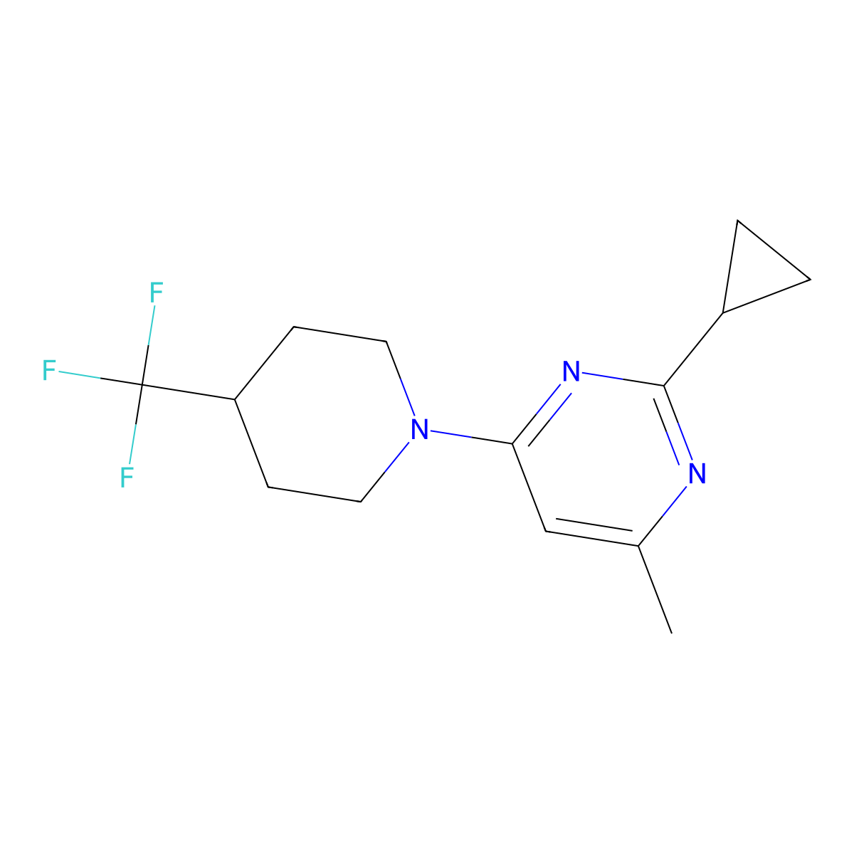 2-Cyclopropyl-4-methyl-6-[4-(trifluoromethyl)piperidin-1-yl]pyrimidine molecular structure, CAS 2415526-42-8