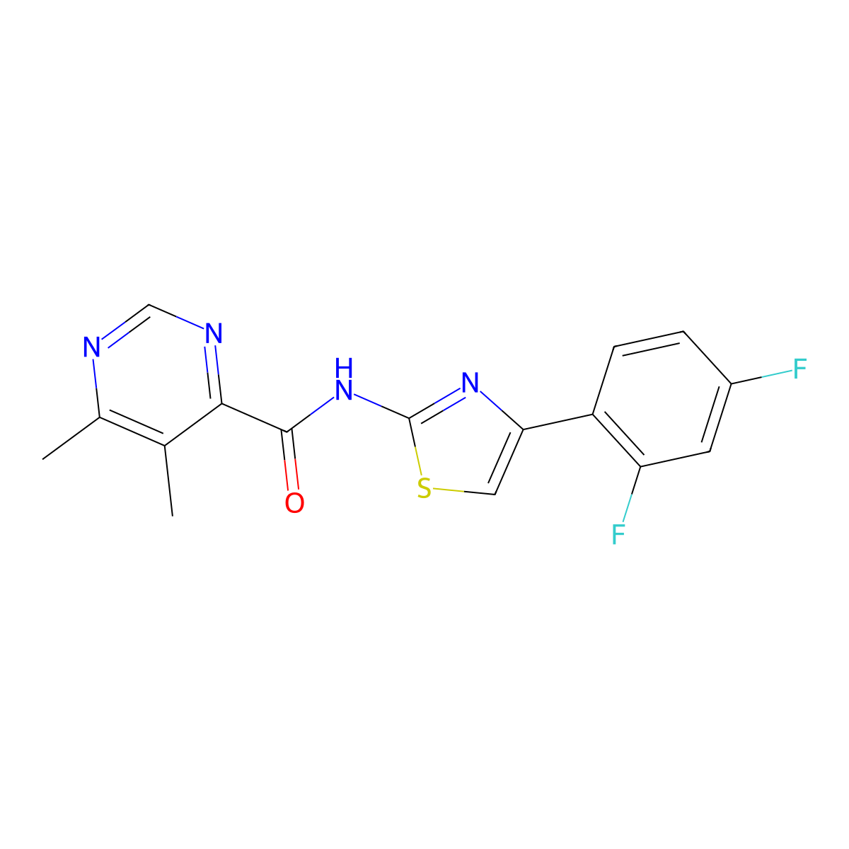 N-[4-(2,4-Difluorophenyl)-1,3-thiazol-2-yl]-5,6-dimethylpyrimidine-4-carboxamide molecular structure, CAS 2415526-46-2