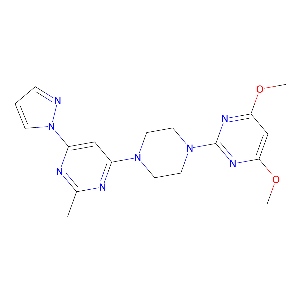 4-[4-(4,6-dimethoxypyrimidin-2-yl)piperazin-1-yl]-2-methyl-6-(1H-pyrazol-1-yl)pyrimidine molecular structure, CAS 2415526-48-4