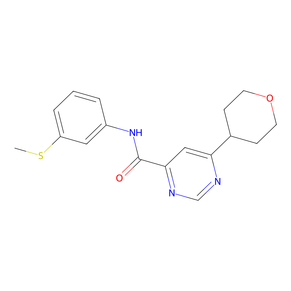 N-[3-(methylsulfanyl)phenyl]-6-(oxan-4-yl)pyrimidine-4-carboxamide molecular structure, CAS 2415526-67-7