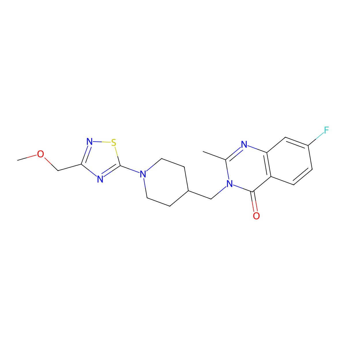 7-Fluoro-3-({1-[3-(methoxymethyl)-1,2,4-thiadiazol-5-yl]piperidin-4-yl}methyl)-2-methyl-3,4-dihydroquinazolin-4-one molecular structure, CAS 2415526-70-2
