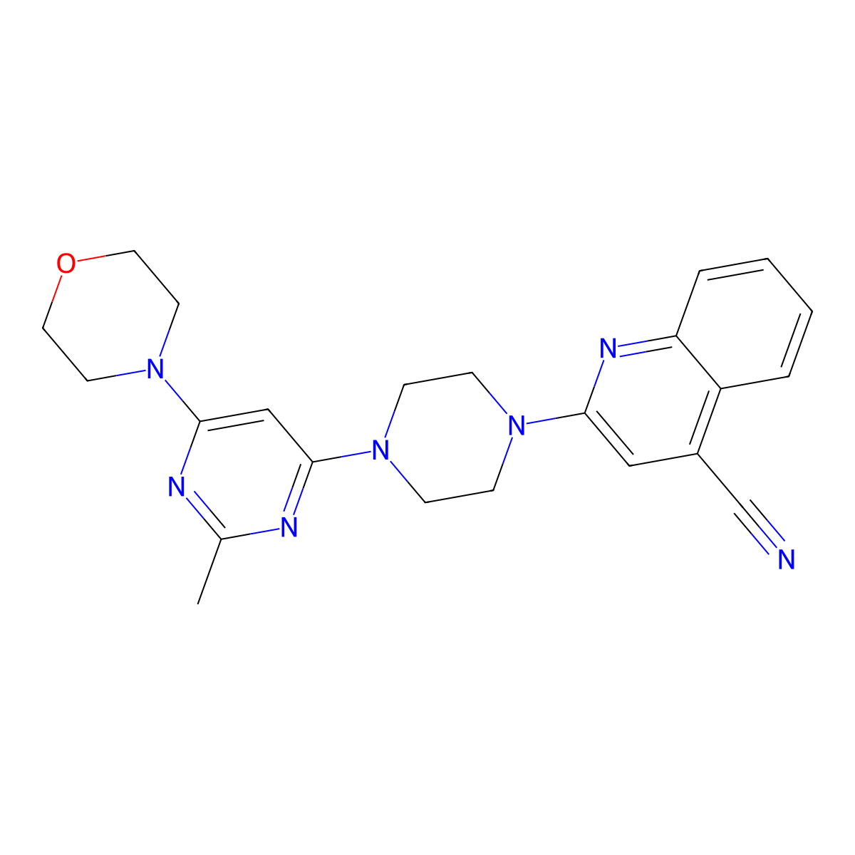 2-{4-[2-Methyl-6-(morpholin-4-yl)pyrimidin-4-yl]piperazin-1-yl}quinoline-4-carbonitrile molecular structure, CAS 2415526-82-6