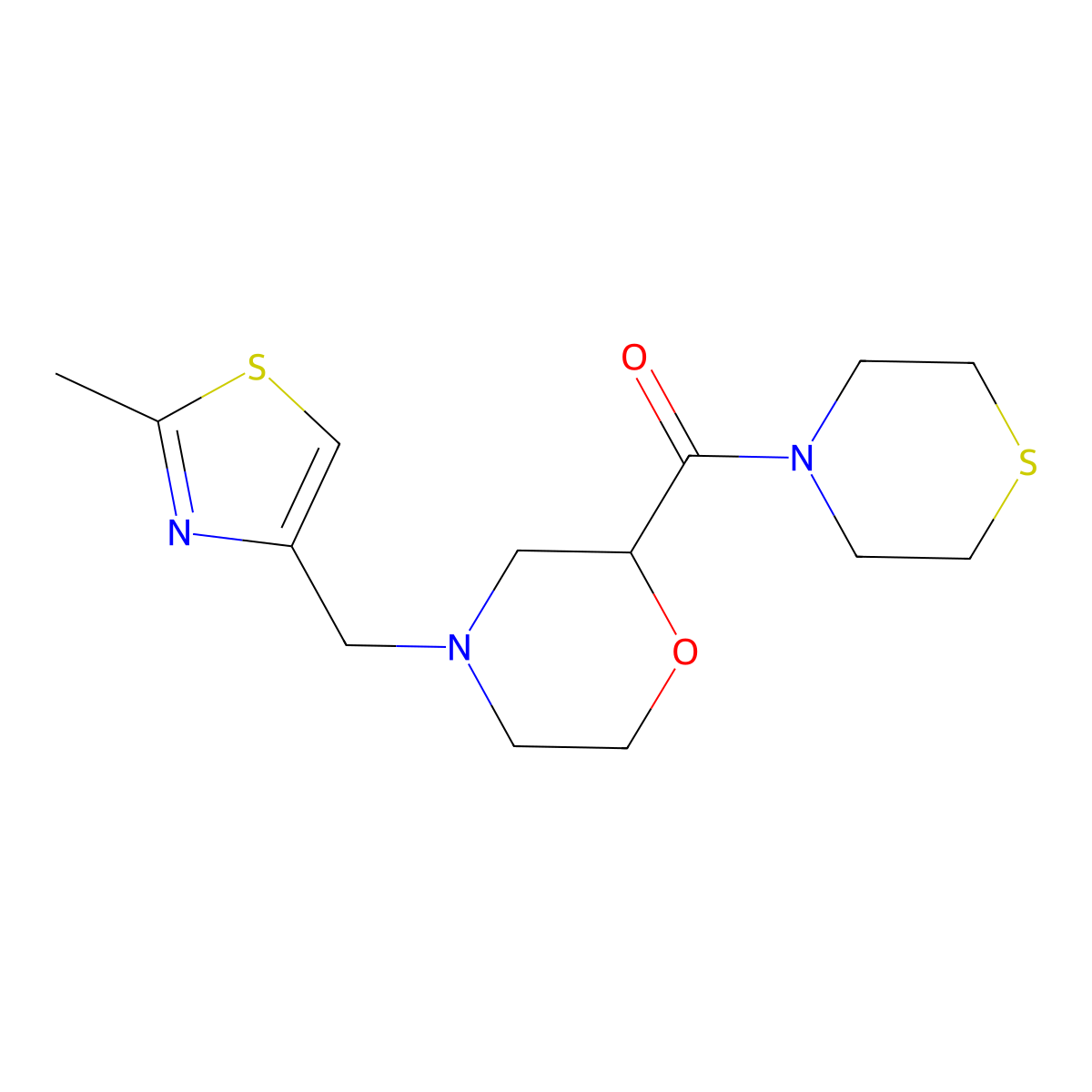 4-[(2-Methyl-1,3-thiazol-4-yl)methyl]-2-(thiomorpholine-4-carbonyl)morpholine molecular structure, CAS 2415526-86-0