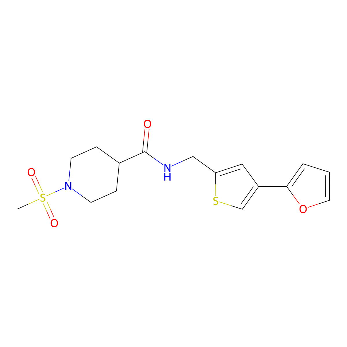 N-{[4-(furan-2-yl)thiophen-2-yl]methyl}-1-methanesulfonylpiperidine-4-carboxamide molecular structure, CAS 2415526-87-1