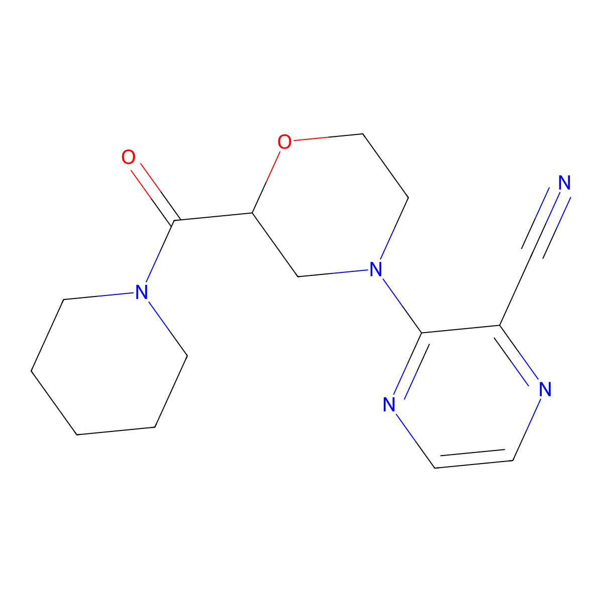 3-[2-(Piperidine-1-carbonyl)morpholin-4-yl]pyrazine-2-carbonitrile molecular structure, CAS 2415526-89-3