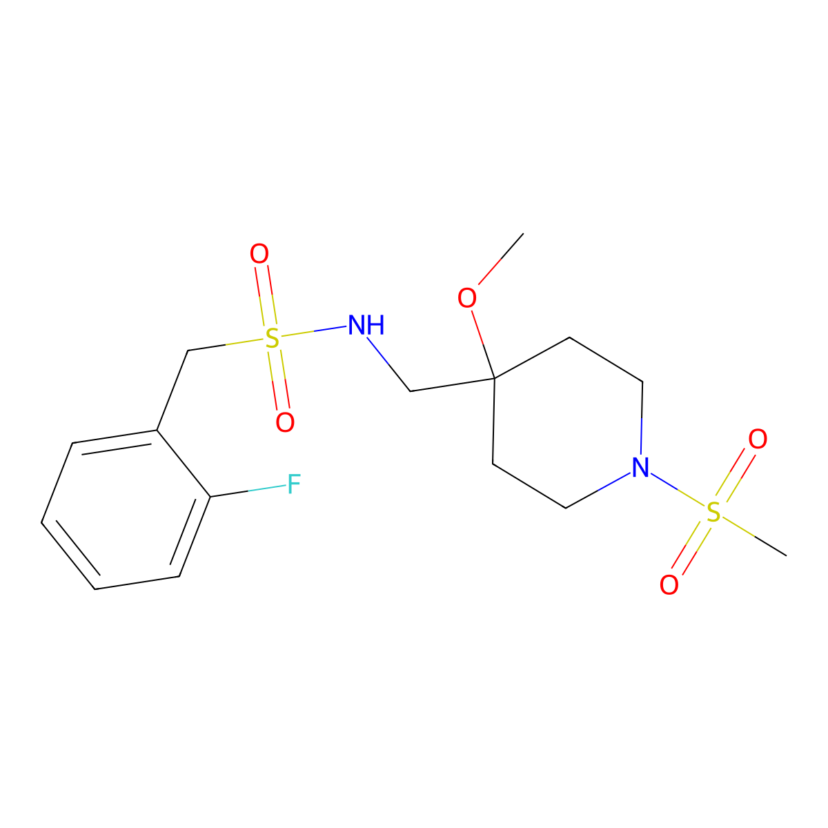 1-(2-fluorophenyl)-N-[(1-methanesulfonyl-4-methoxypiperidin-4-yl)methyl]methanesulfonamide molecular structure, CAS 2415526-93-9